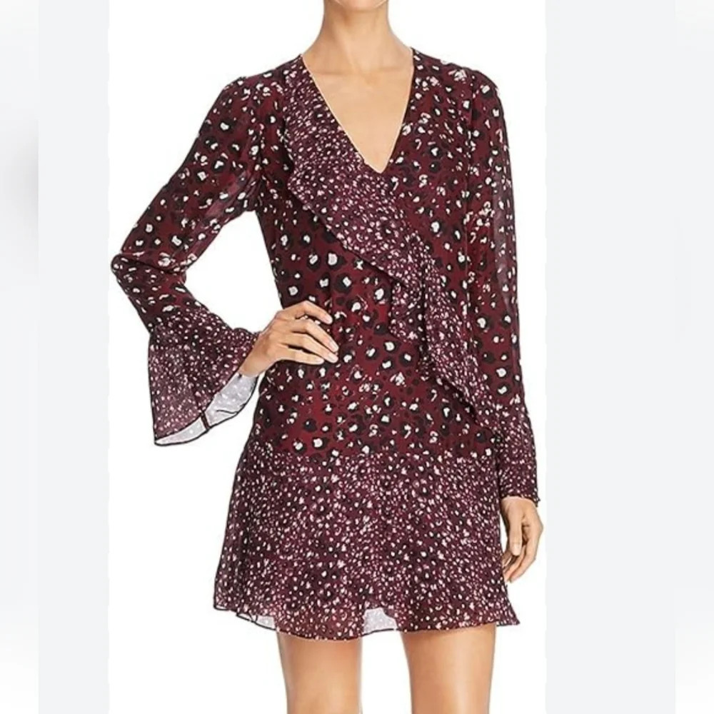 Parker Kimberly silk blend burgandy purple animal print asymmetric ruffle dress